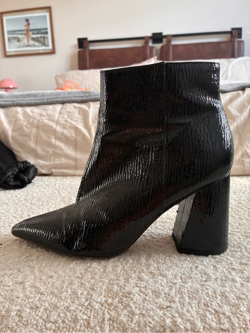 Topshop Black Patent Pointed-Toe Block Heel Ankle Boots